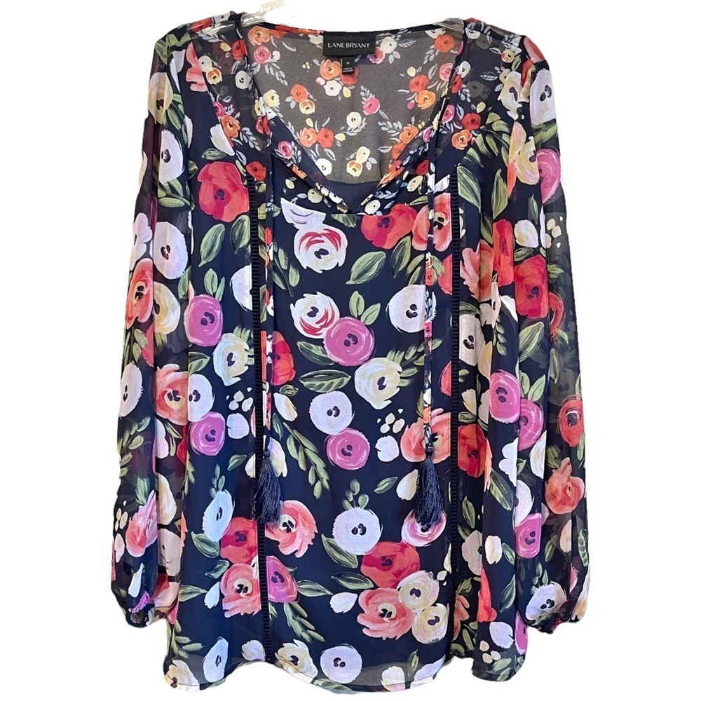 Lane Bryant Floral Print Long Sleeve Chiffon Tunic Top Blouse Women's 14 - Picture 1 of 8